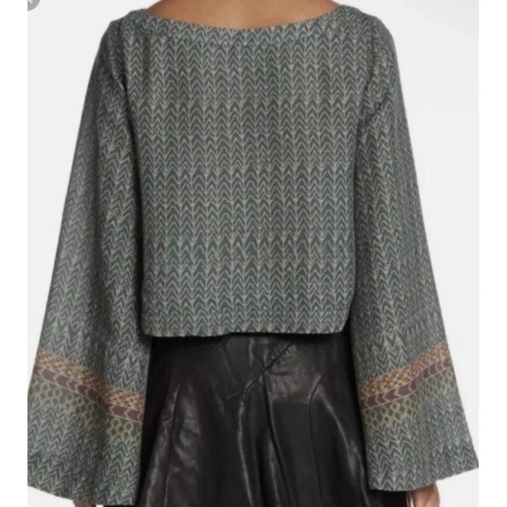 Free People Sz S Stars Aligned Patterned Bell Sleeve Crop Blouse Boxy Top Jade
